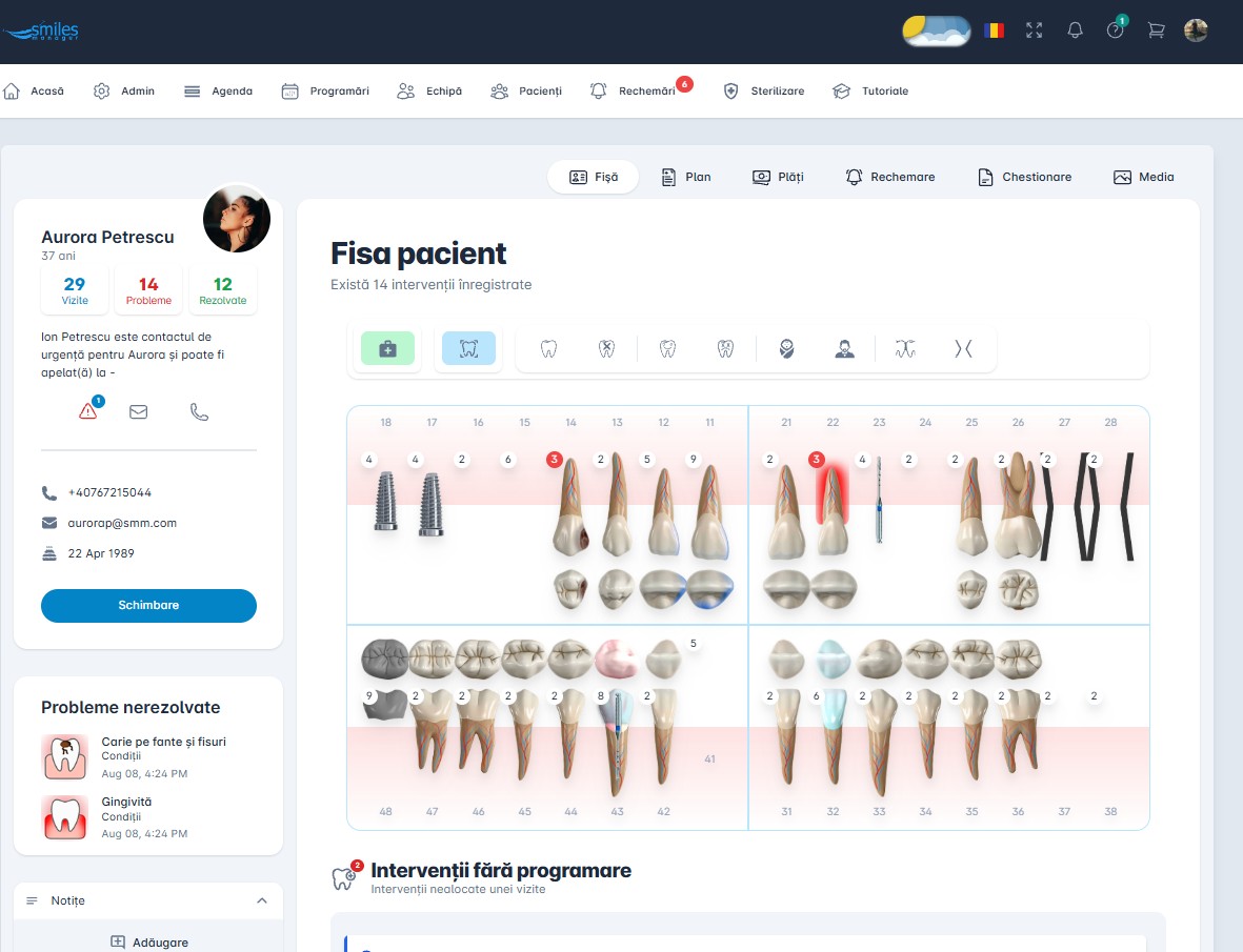 Fișa pacientului din Smiles Manager cu status dentar, intervenții și acces la planuri, plăți, rechemare, chestionare și media